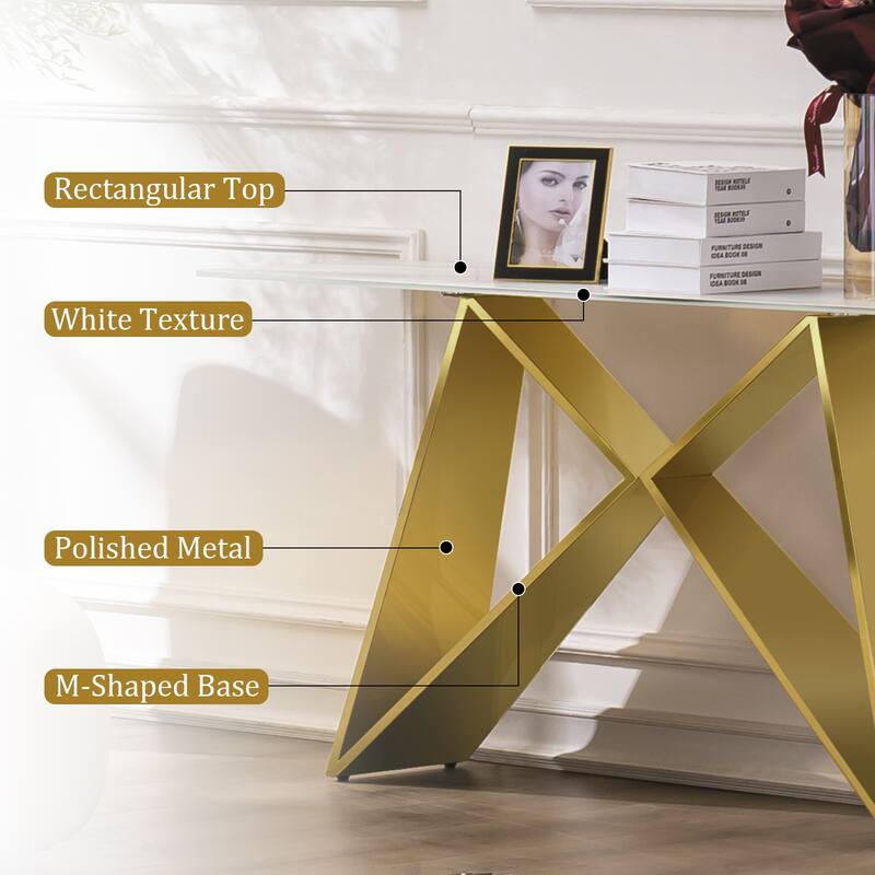 55 inch Rectangle White Glass Console Table with Mirrored M-Shaped Base