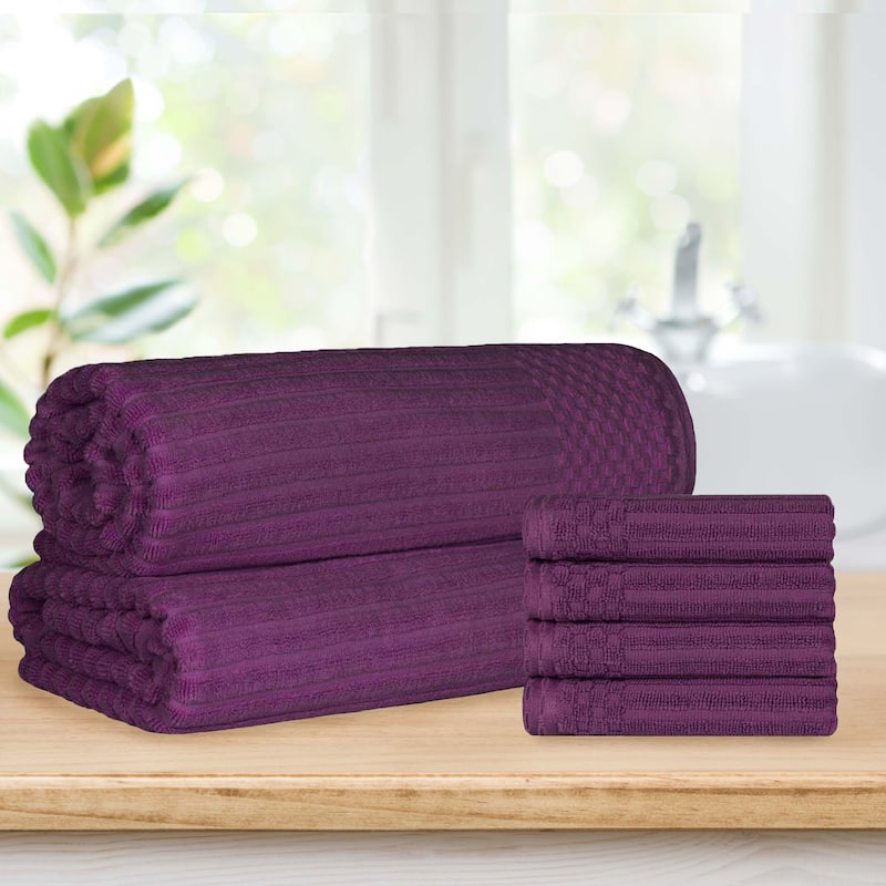 Ribbed Cotton Absorbent Heavyweight Hand Towel and Bath Sheet Set by Superior - Plum