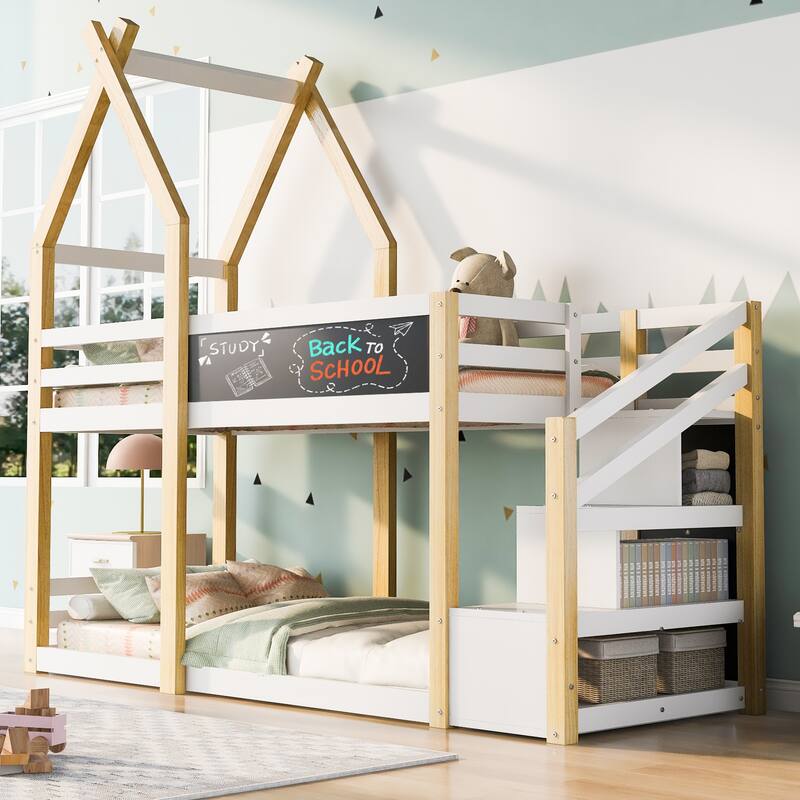 House Bunk Bed with Storage Staircase and Blackboard