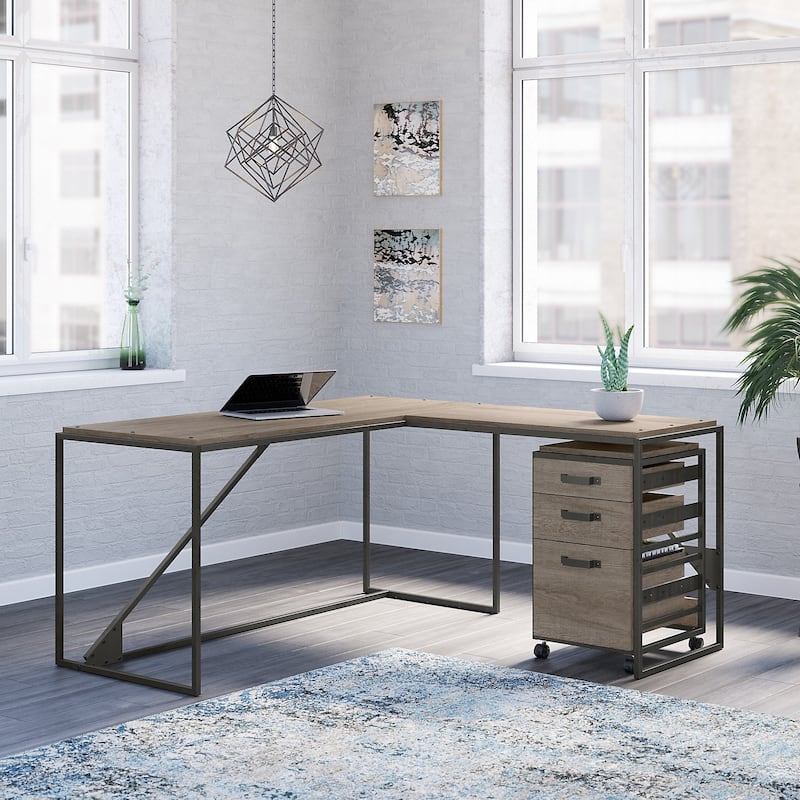 Refinery 62W L Shaped Industrial Desk with Drawers by Bush Furniture