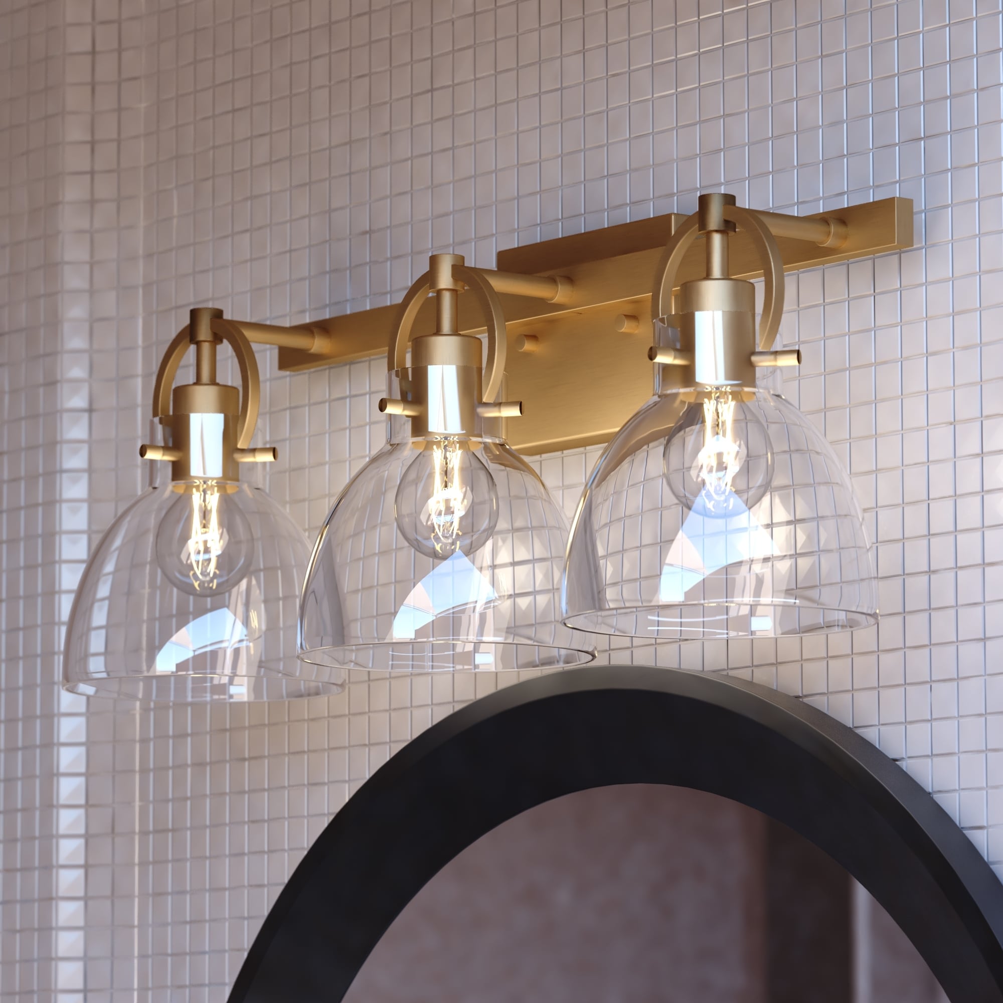 VAXCEL Ogden 3-Light 25.5 in. W Gold Bathroom Vanity Lighting Fixture, Clear Glass Shade, Dimmable, LED Compatible, Wall Mount