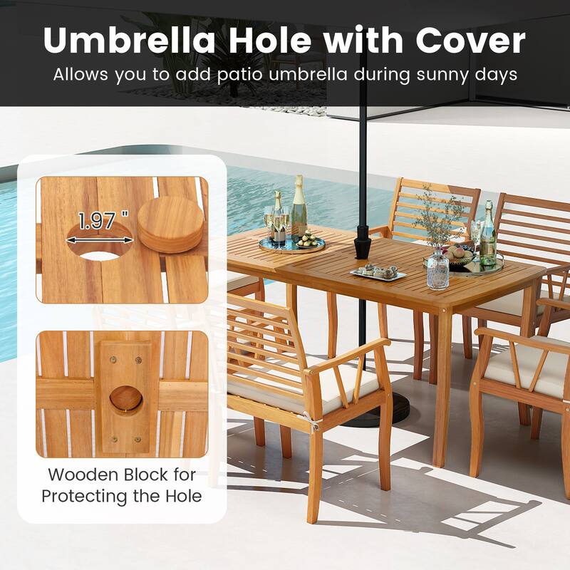 3-Piece Outdoor Acacia Wood Dining Set with Tabletop Umbrella Hole for Garden or Patio - 63” x 32” x 30” (L x W x H)