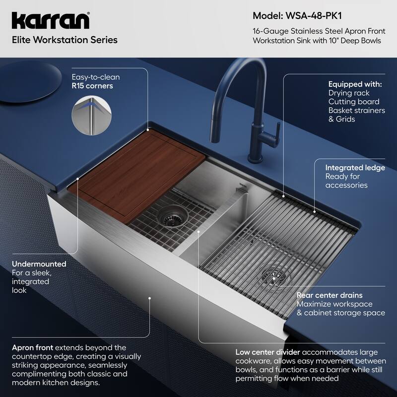 Karran Elite WSA-48-PK1 Apron Front Farmhouse 36" Double Bowl Stainless Steel Workstation Sink