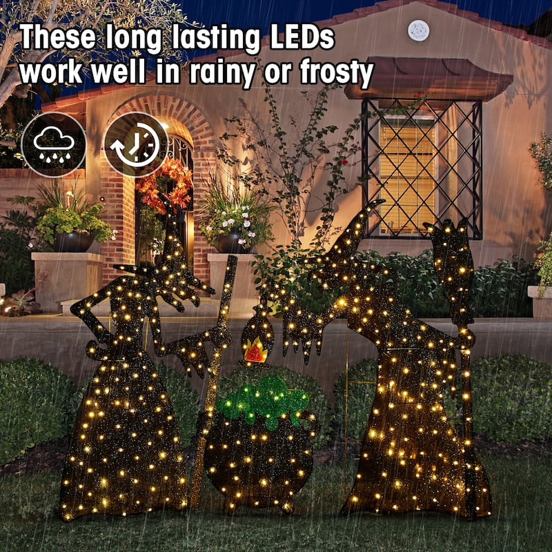Glitzhome 5ft Set of 3 Pre-lit Halloween 3D Witches with Cauldron Outdoor Decor with 340 Warm White LED Lights
