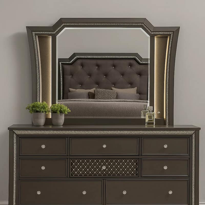 Contemporary Style Wooden Decorative Mirror with LED Lights, Gray
