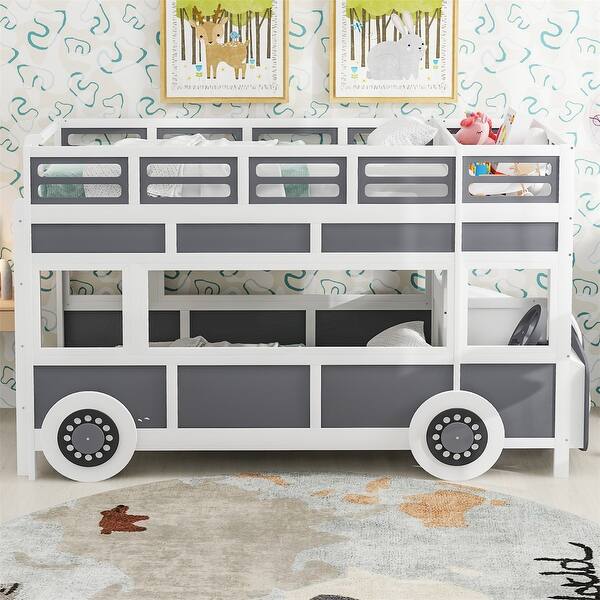 slide 2 of 19, Twin over Twin Bus-shaped Bunk Bed with Wheels and Storage Grey