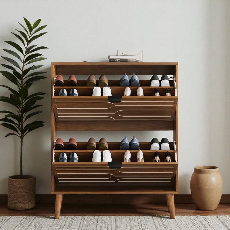 31.5" Walnut Shoe Cabinet with 2 Flip Drawers, Modern Farmhouse Shoe Storage Organizer for Entryway or Hallway
