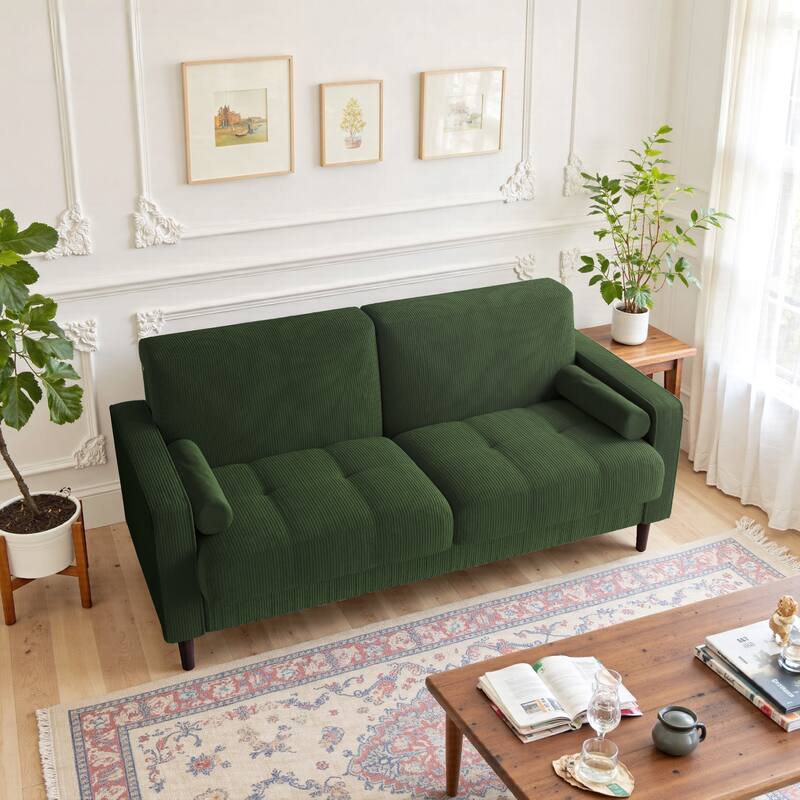 Modern Corduroy Upholstered Loveseat with Bolster Pillows and Wood Legs