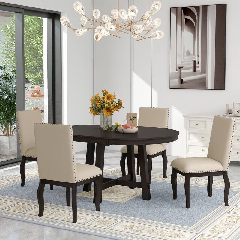 5-Piece Wooden Dining Table Set with Extendable Round Table & 4 Chairs - Espresso