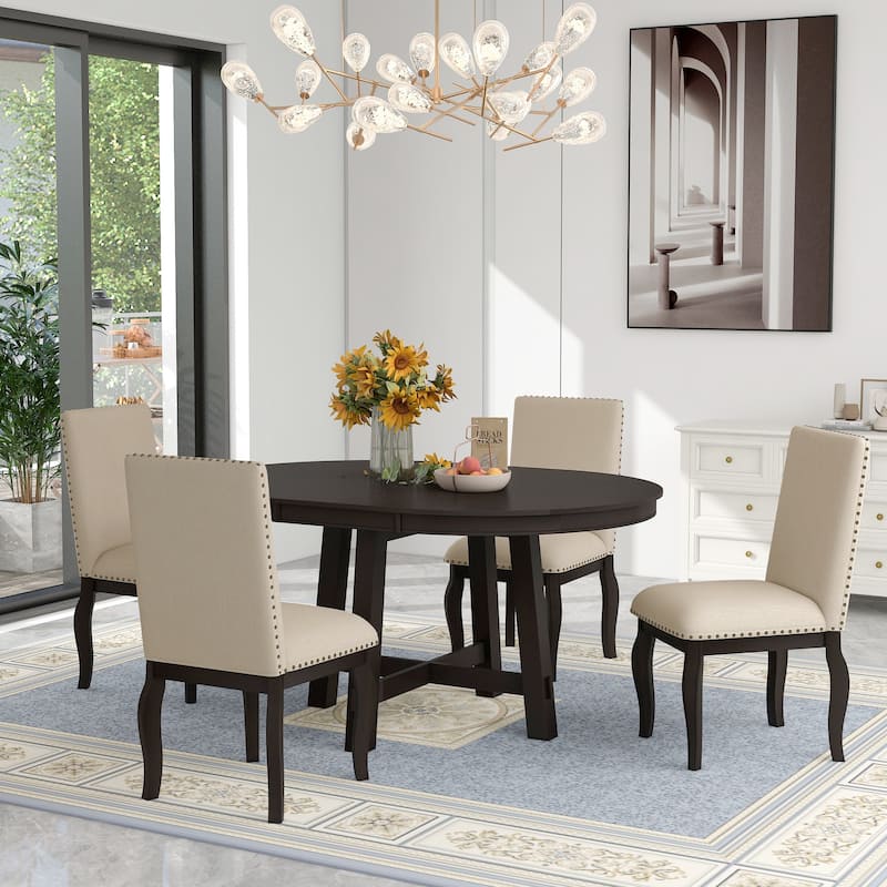 Farmhouse Dining Table Set of 5 with Wood Round Extendable Dining Table and 4 Upholstered Dining Chairs, Casual Coffee Table - Espresso