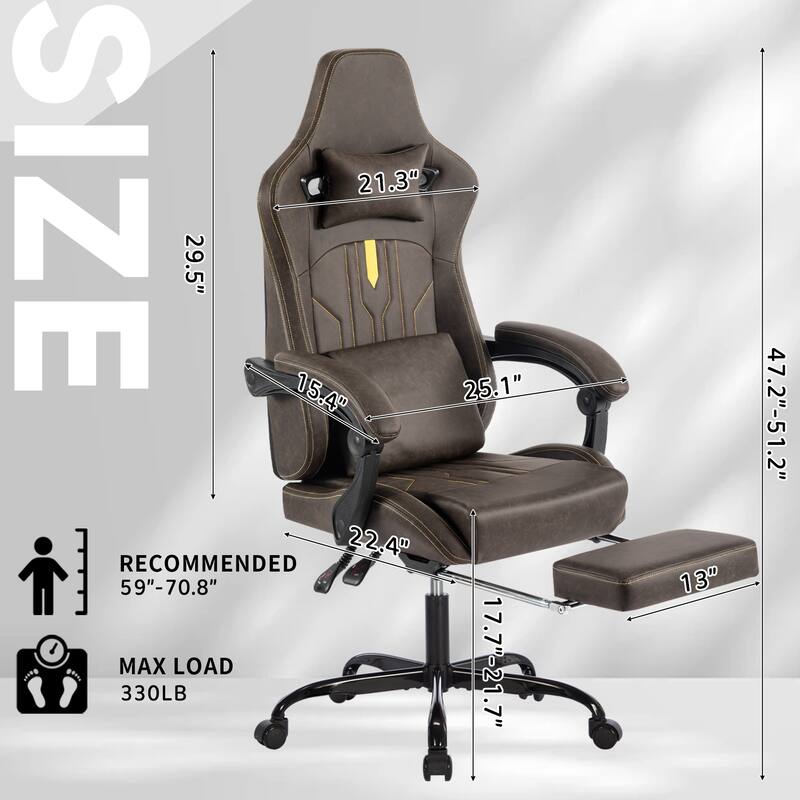PU Leather Gaming Chair with Massage Lumbar Support, Footrest and Linkage Armrests