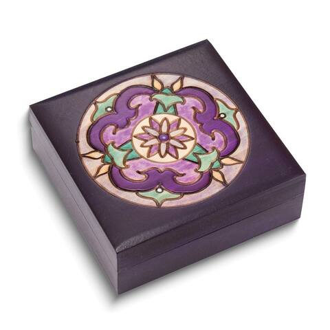 Curata Handcrafted Solid Wood Purple Floral Carved and Painted Square Keepsake Box