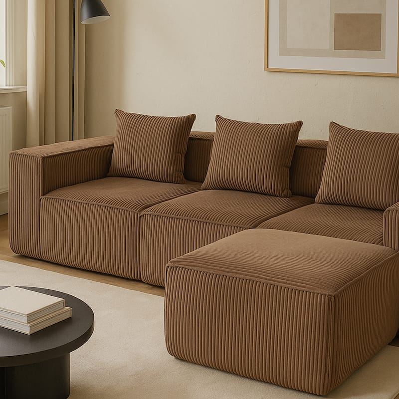 Modular Sleeper Sofa Bed Corduroy L-shaped Sectional Sofa with Chaise Floor Standing Multi Person Compressed Sofa with Ottoman