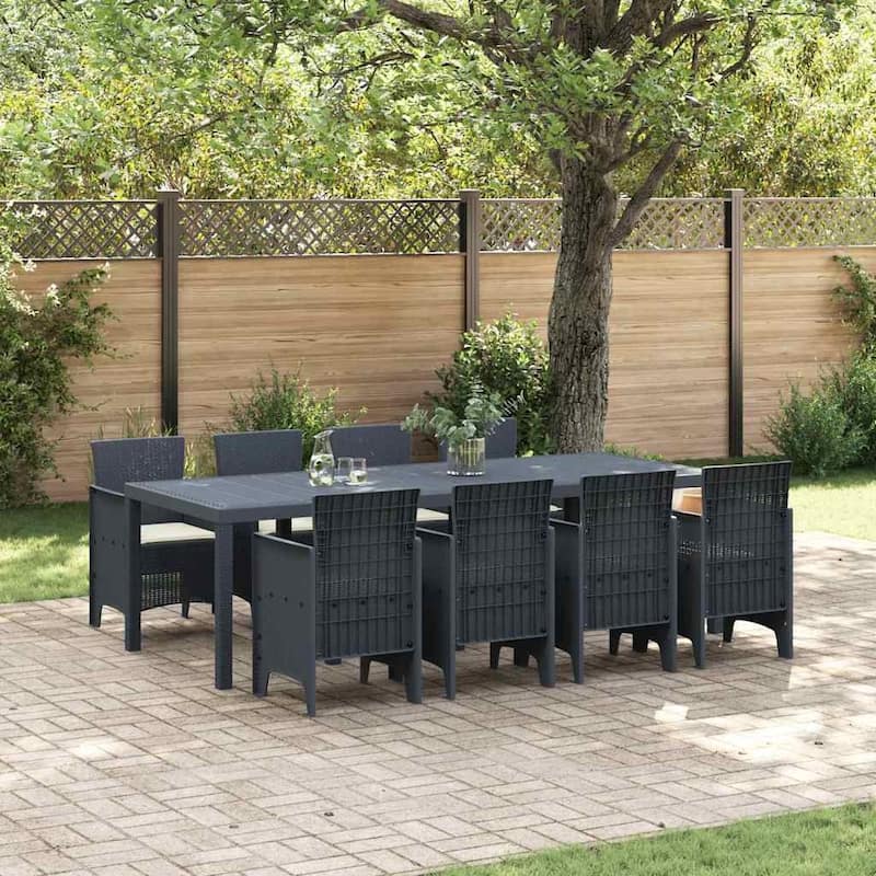 vidaXL Garden Dining Set 9/11 pcs Anthracite/Brown Polt rattan - 250 x 100 x 73 cm - Anthracite/ Cream white/ 8 seater