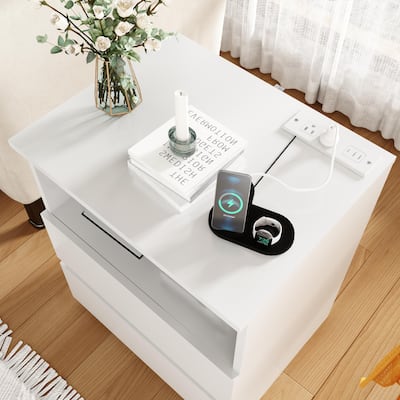 Nightstand with Charging Station, Sofa Side Table with Open Shelves & 2 Drawers, Large Capacity Wood Storage Cabinet