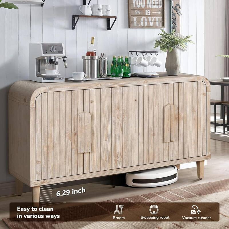 Roomfitters 59" Farmhouse Curved Sideboard, Vintage 4-Door Buffet with Vertical Carving & Large Wood Handles