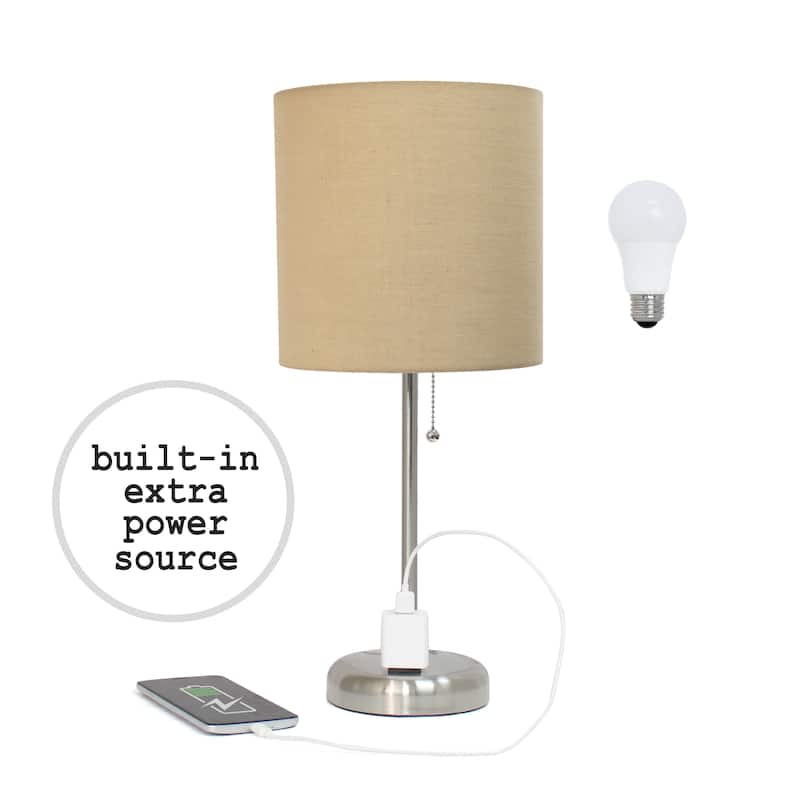 Simple Designs 9.5" Desk Lamp with Charging Outlet and LED Bulb Included - 19.50 - Brushed Steel/Tan Shade