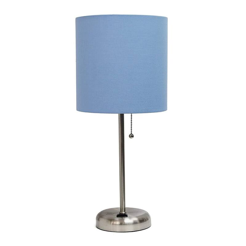 19.5 in. Brushed Steel Finish Table Lamp with Blue Shade, Durable Stick Lamp for End/Side Tables