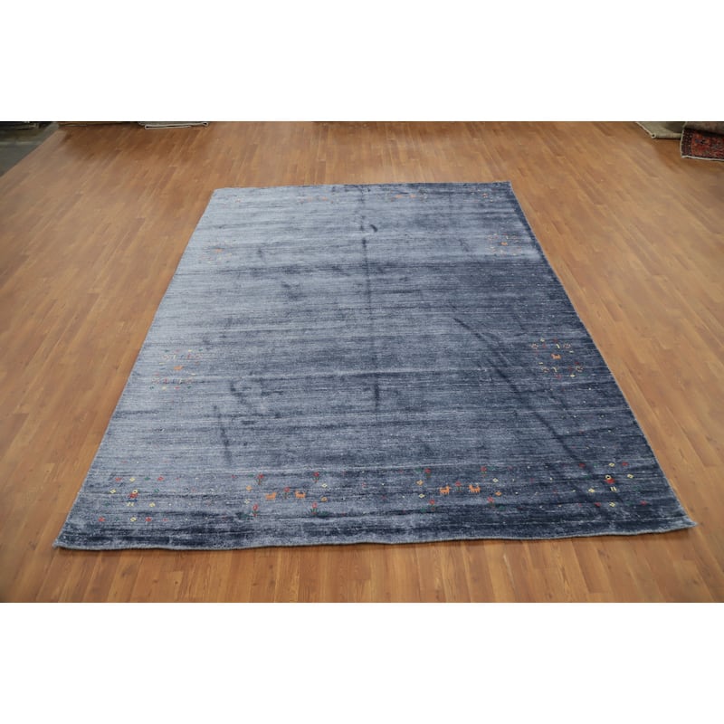 Hand Knotted Oriental Viscose Silk Carpet Tribal Animal Pictorial Navy Blue & Blues Gabbeh Area Rug - 10' 5'' X 7' 10''