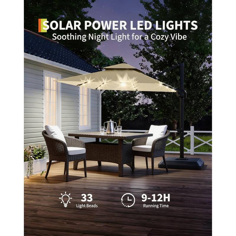 10x10Ft Square Solar LED Cantilever Umbrella , with Weighted Base