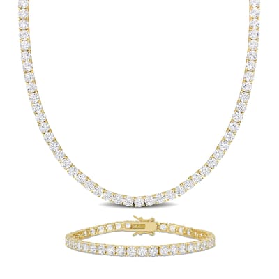 Miadora 47 1/4ct TGW Created White Sapphire Tennis Bracelet and Necklace Set Yellow Silver
