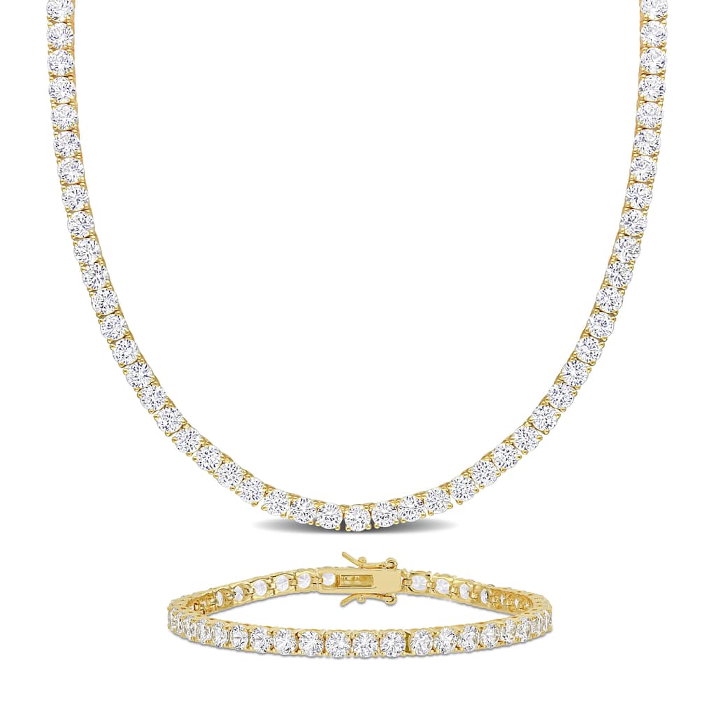 Miadora 47 1/4ct TGW Created White Sapphire Tennis Bracelet and Necklace Set Yellow Silver