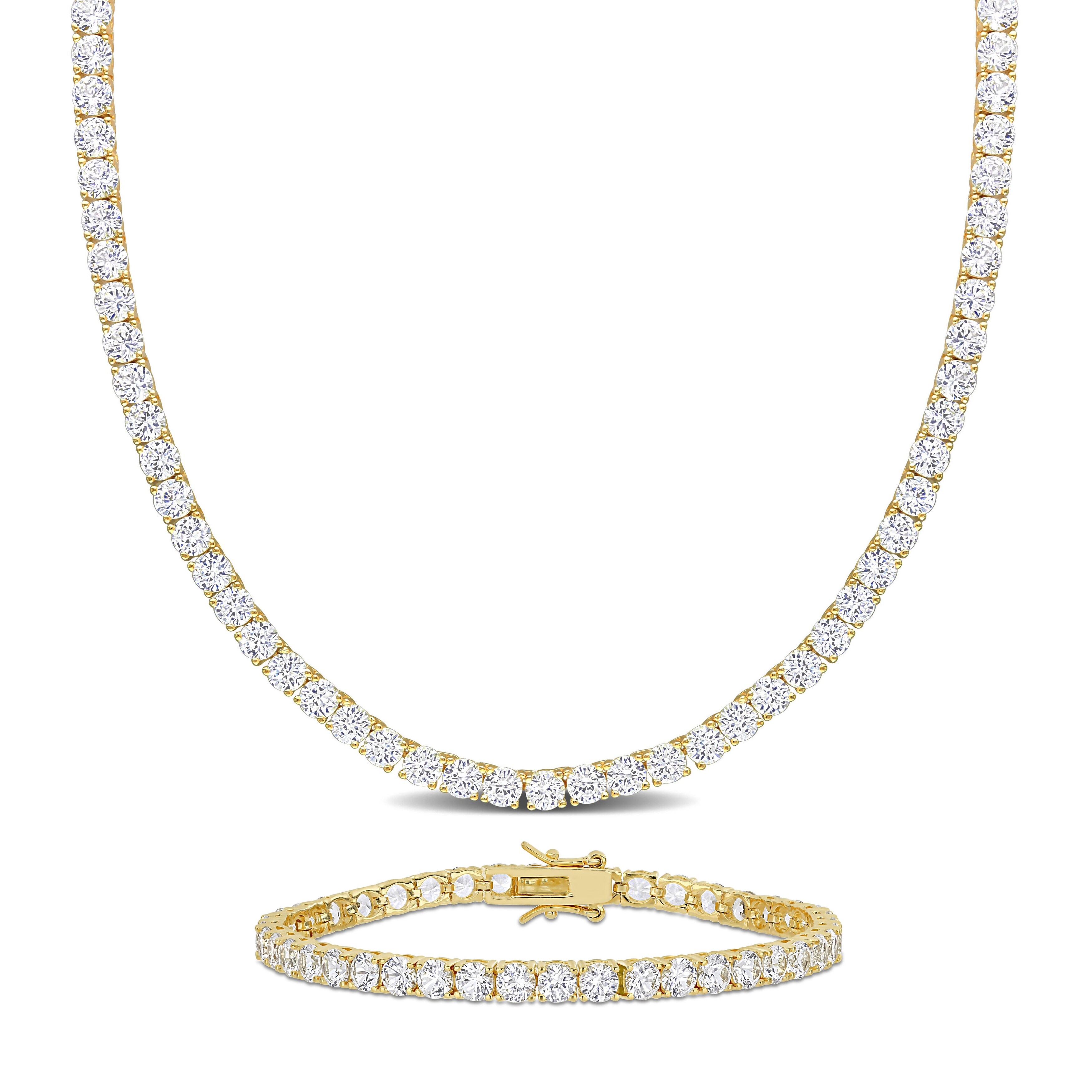 Miadora 47 1/4ct TGW Created White Sapphire Tennis Bracelet and Necklace Set Yellow Silver