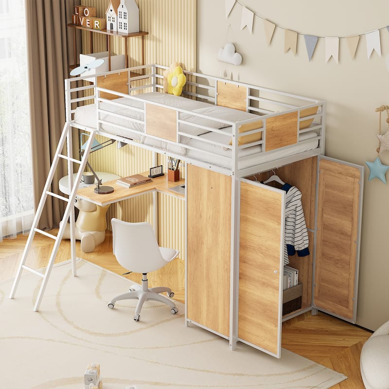 White Twin Size Metal Wood Loft bed with L-shape Desk, Wardrobe, Fence and Ladder