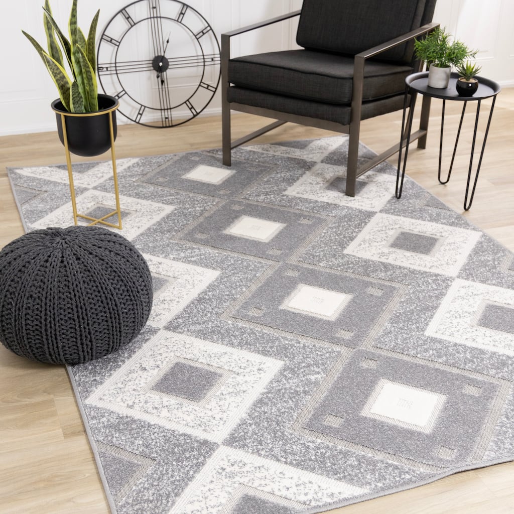 Oslo Collection - Grey/Cream Modern Diamonds Textured Area Rug