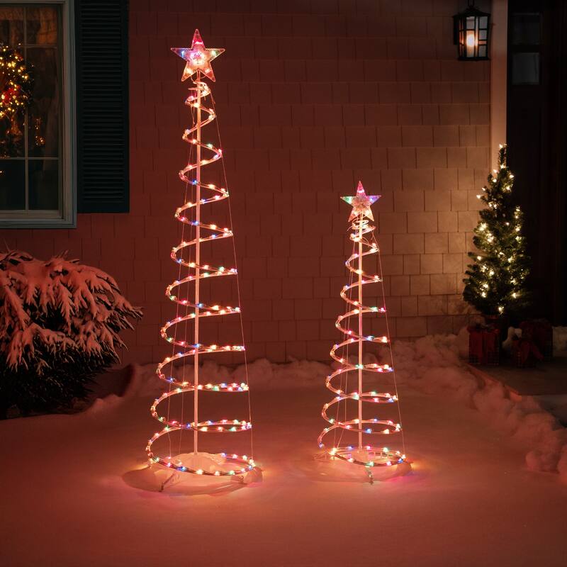 2 Lighted Multi-Color Outdoor Spiral Christmas Cone Trees 4', 6'