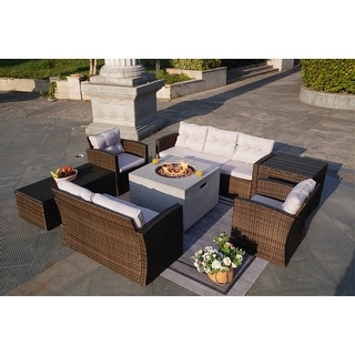 7-Piece Outdoor Rattan Conversation Sofa Set with Fire Pit Table