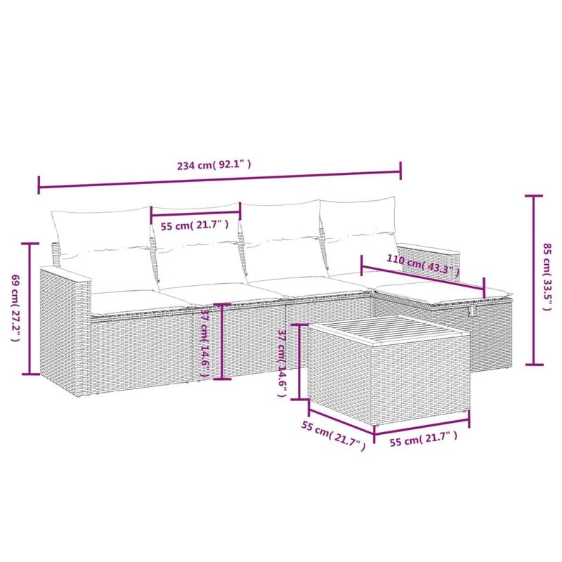 vidaXL Patio Sofa Set with Cushions Outdoor Conversation Furniture Poly Rattan - 21.7" x 24.4" x 27.2"