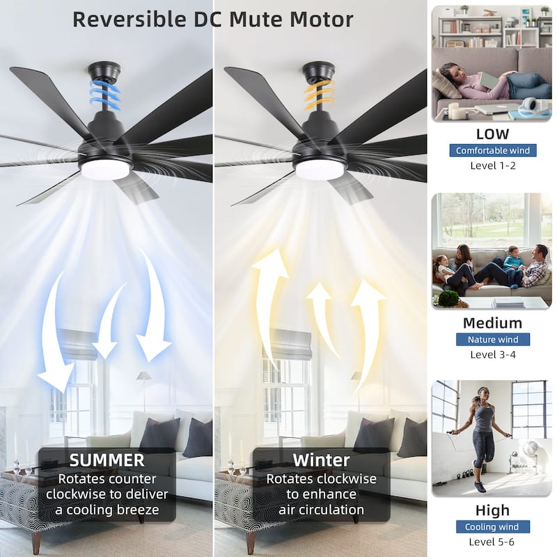 52"/66"/72"/76 Inch Modern Ceiling Fan with Dimmable LED Light ,Remote&APP Control,8 Blades for Large Living Room,Porch