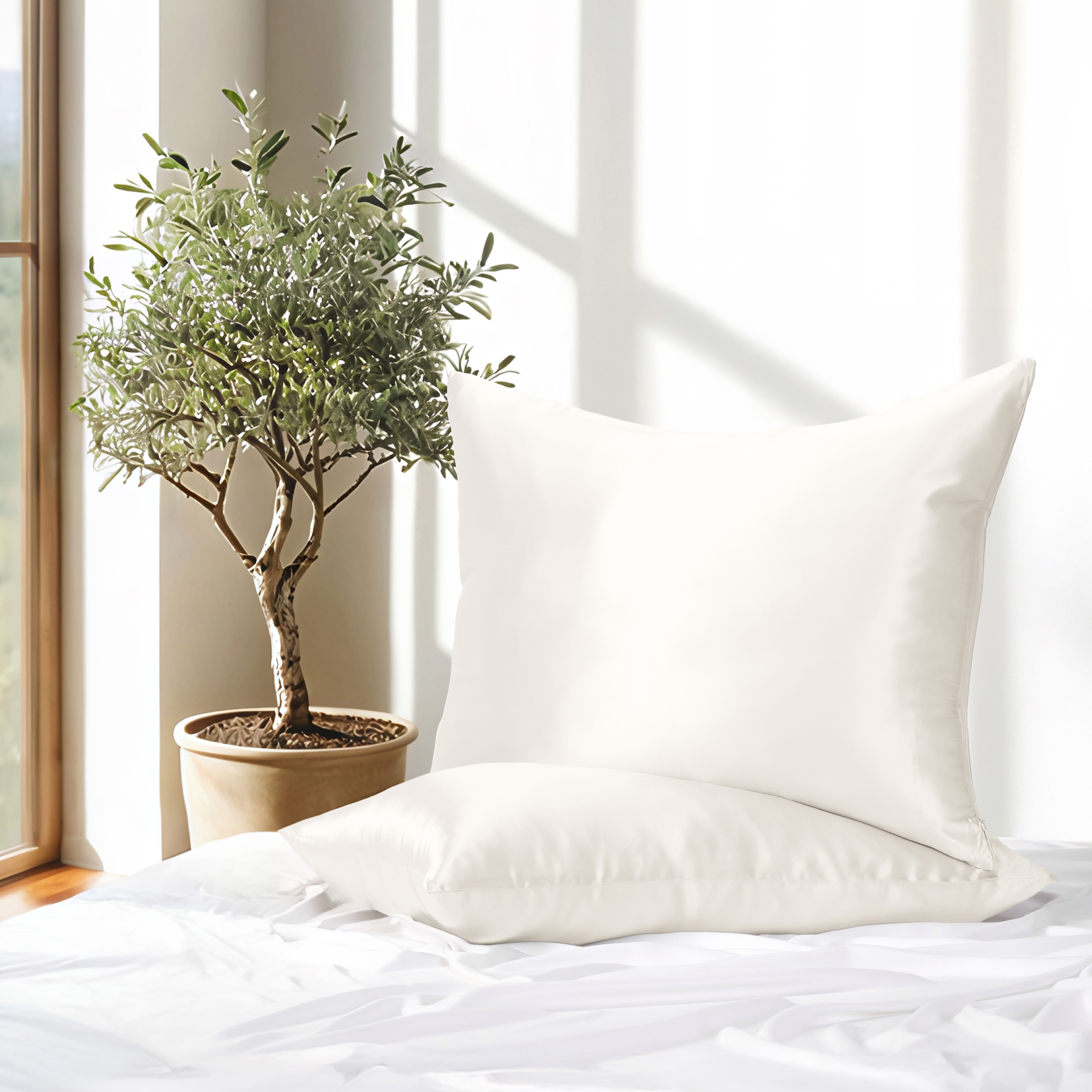 Becky Cameron 100% Mulberry Silk Zippered Pillowcase 2 Piece Set - Standard - Antique White