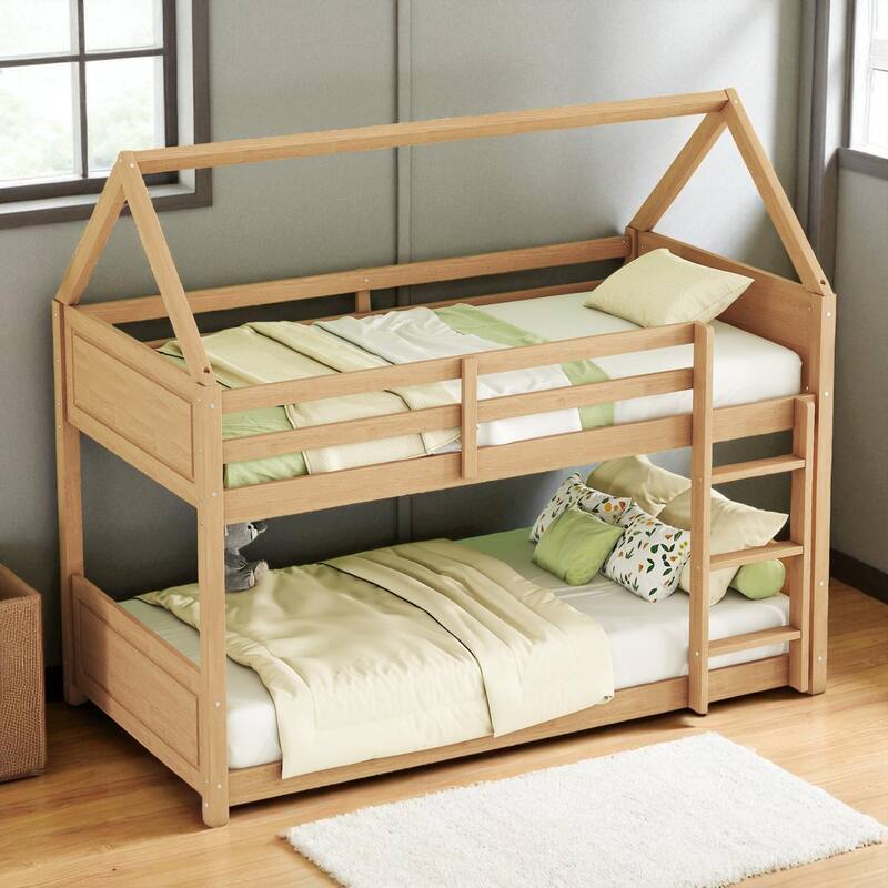 Twin over Twin House Bunk Bed with Roof Frame, Guardrails, Ladder and Headboards, Rubber Wood Kids Floor Bed
