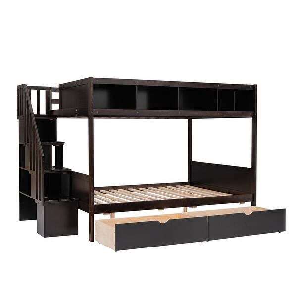 slide 2 of 13, Multi-function Twin over Full Wood Bunk Bed with Shelfs,Storage Staircase and Drawers Espresso