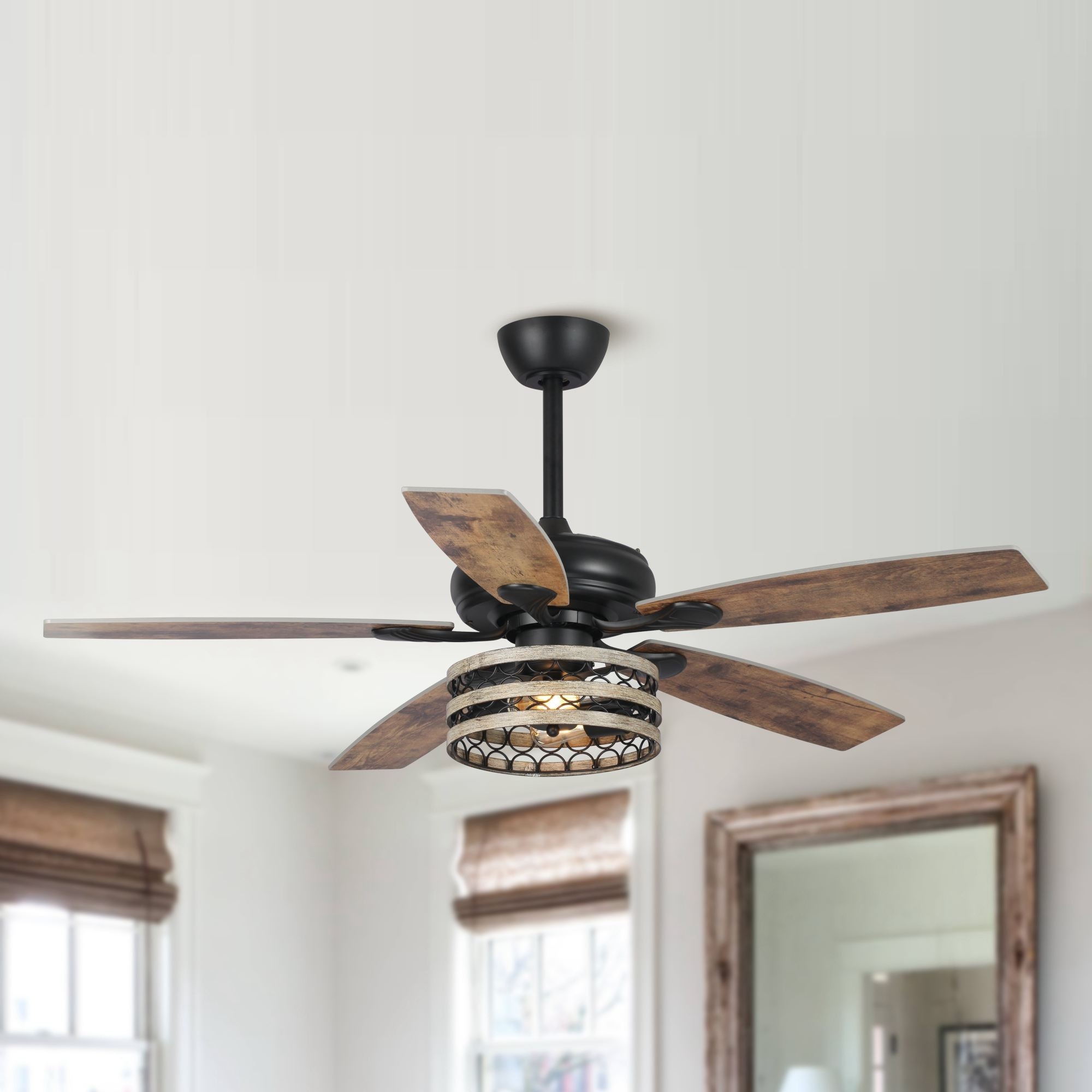 52" Farmhouse Matte Black Reversible 5-Blade Rustic Wood Distressed Metal Cage Ceiling Fan with Light and Remote