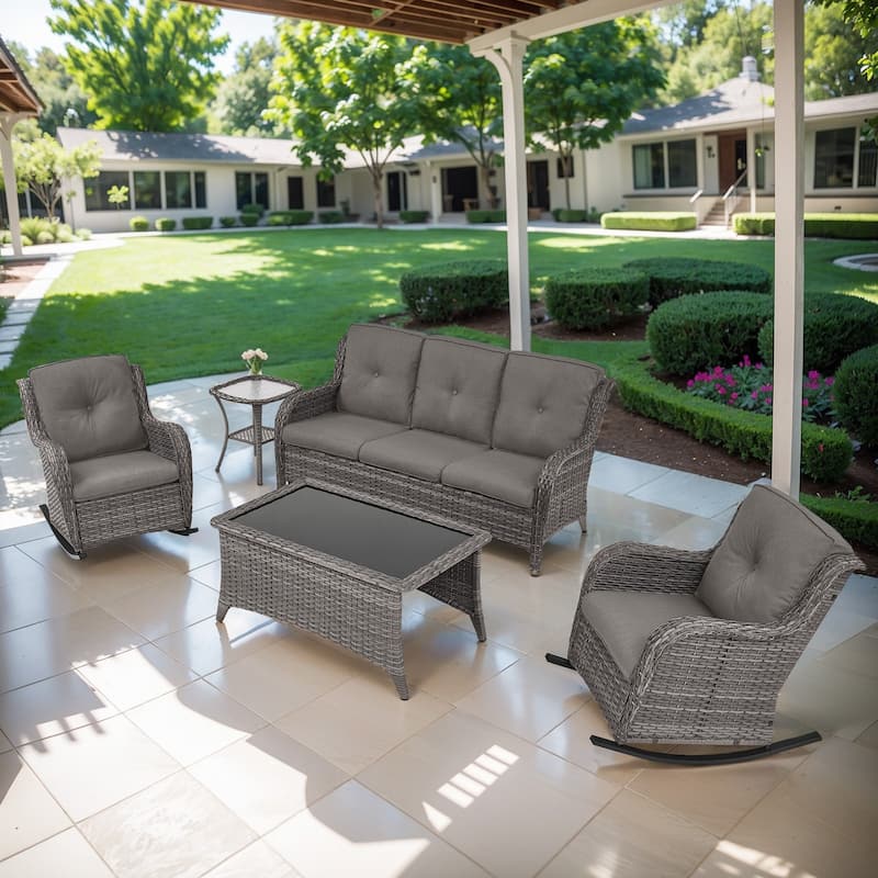 Gymojoy 5-Piece Outdoor Wicker Patio Furniture with 3 Seat Sofa, Rattan Coversation Set with Water Resistant Thick Cushions - Grey Wicker / Grey Cusion - 5-Piece