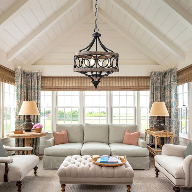 Cusp Barn 4-Light Farmhouse Drum Wood Chandelier, 16'' Rustic Pendant Light, Round Metal Hanging Light Fixture for Dining Room