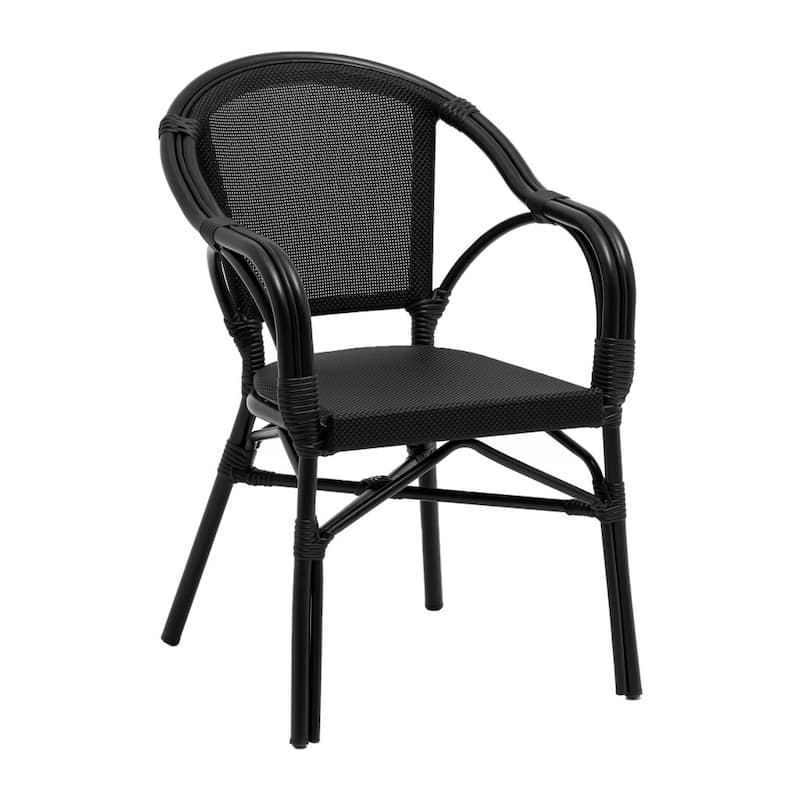 Set of Two Black Textured Mesh Sling And Aluminum Outdoor Stacking Arm Chairs