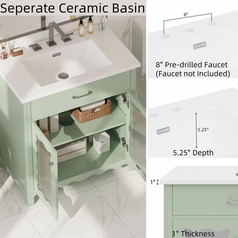 31" Bathroom Vanity with Tempered Glass - Modern Cabinet with Rubber Wood Legs and Soft-Close Doors