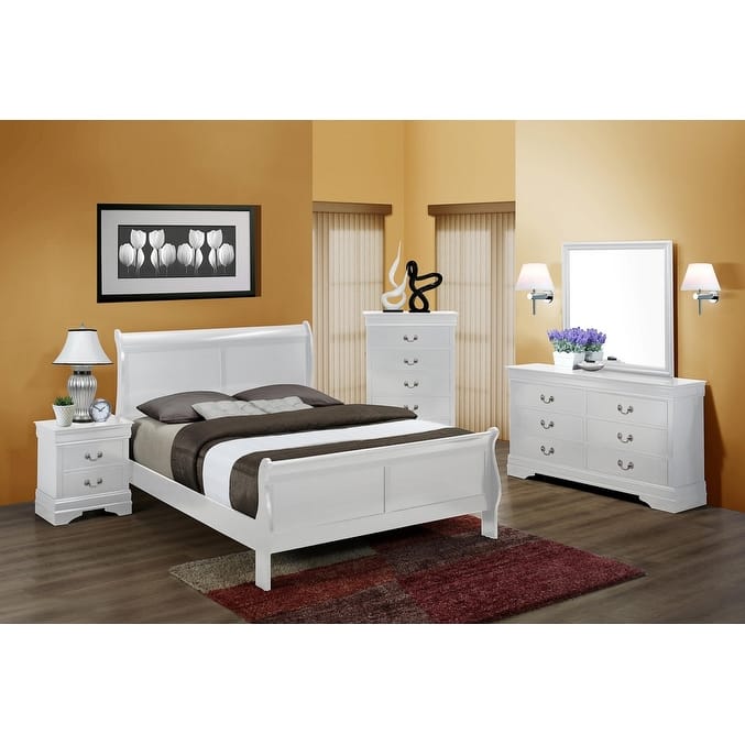 Full Size White Solid Wood Sleigh Bed with Bracket Feet, English Dovetail Construction, Foundation Required