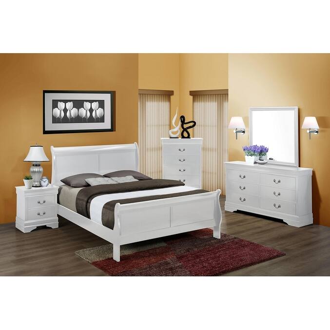 Queen Size White Solid Wood Sleigh Bed with Bracket Feet and Dovetail Construction