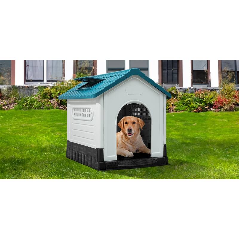 Moasis Slant-roof Dog House with Skylight - Large - Blue