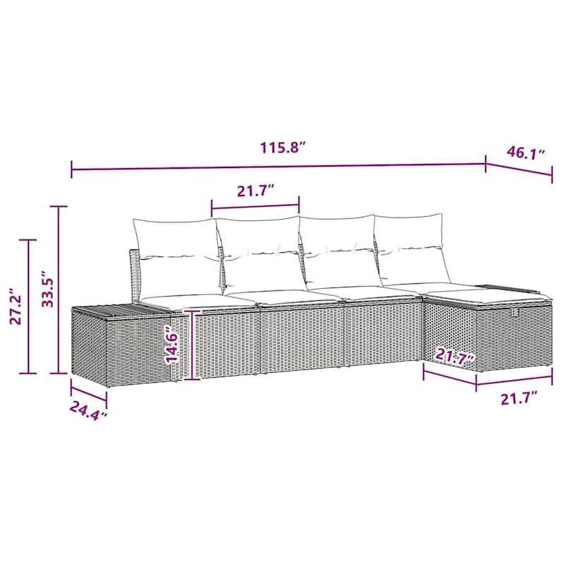 vidaXL Garden Sofa Set with Cushion 5 pcs Black Poly rattan - 46 x 94 x 33