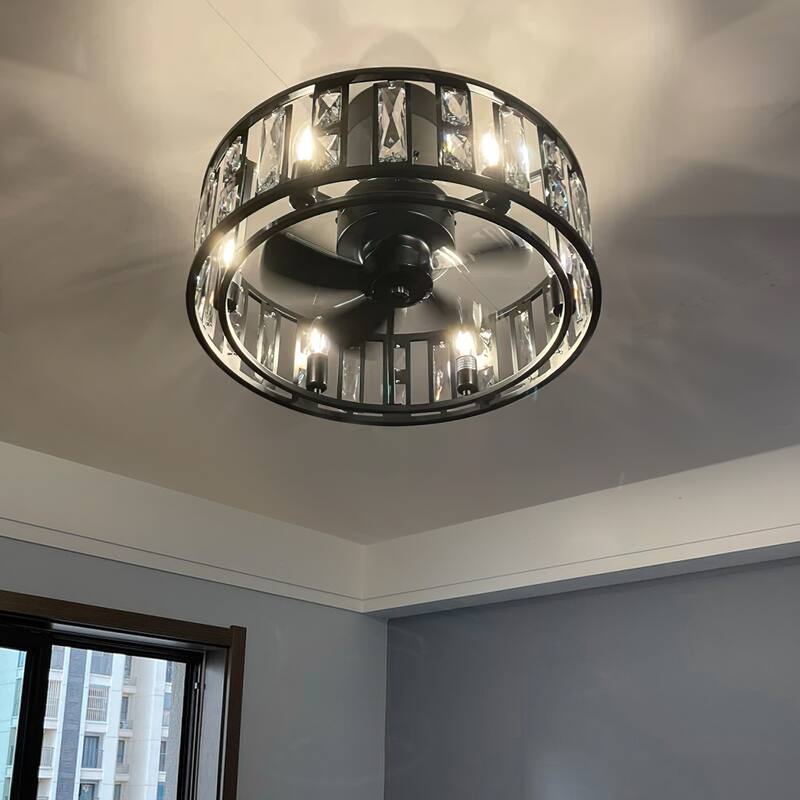 20-In Black Caged Crystal Ceiling Fan with Lights and Remote,5 ABS Blades, 6 Light E12 Base,Reversible DC 6-Speed Indoor Fan