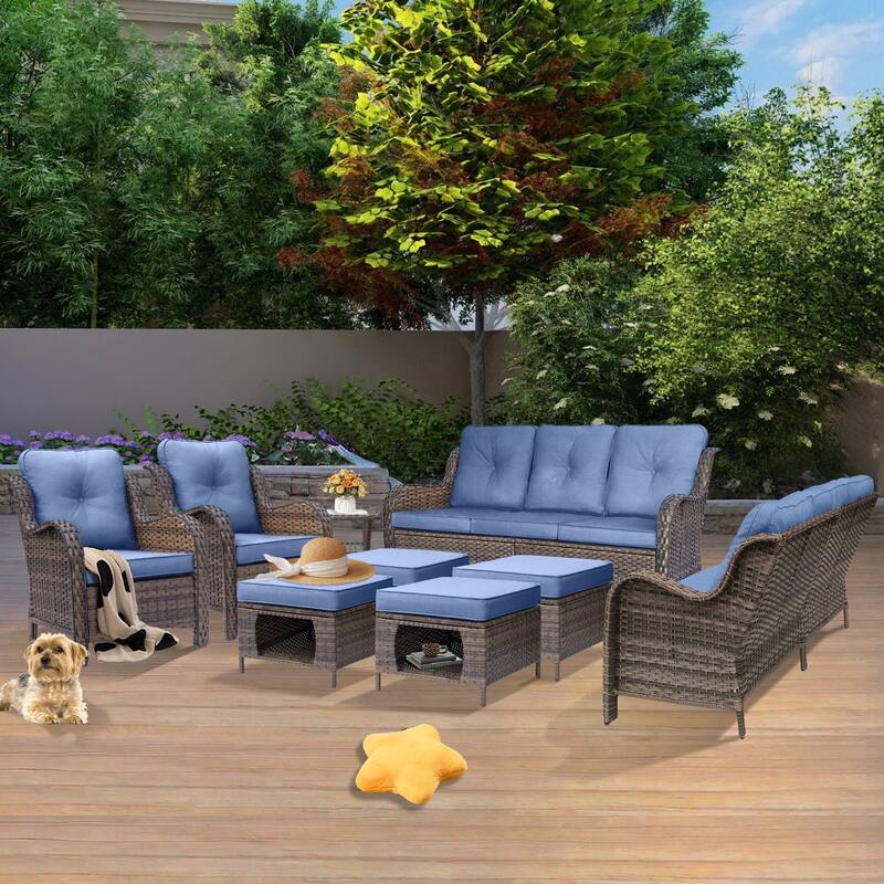Wicker Outdoor Patio Furniture Seating Sofa Set with Storage Ottomans - 9 Piece - Denim Blue