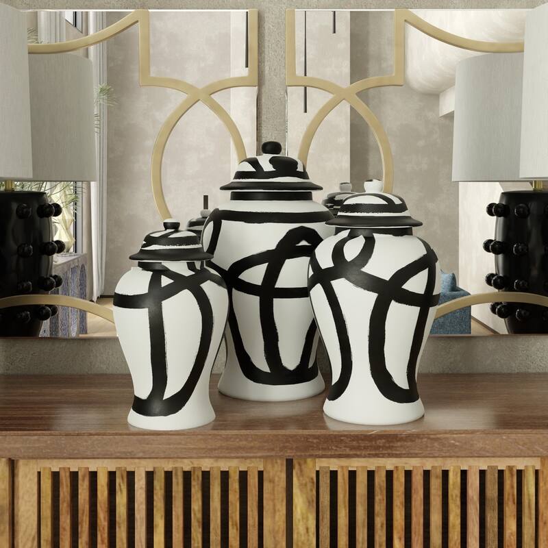 Ginger Jar- Small - Black And White Finish On Ceramic
