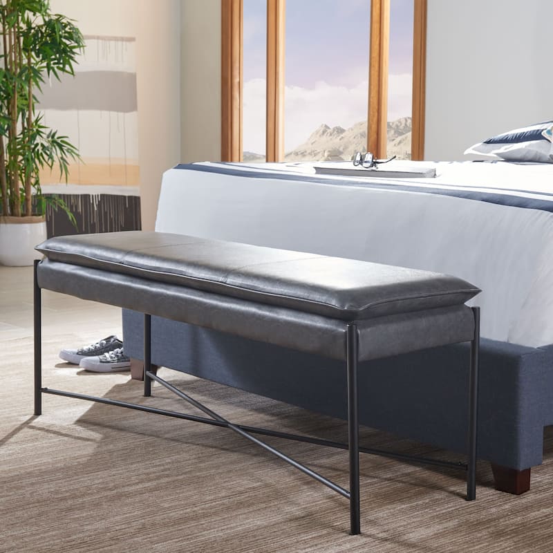 SAFAVIEH Sabra Cushioned X-Bench - 50Wx14Dx19H - Grey Pu/Black