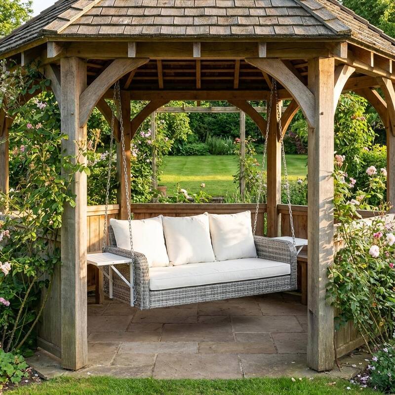 3-Person Wicker Patio Swing with Cushions & Pillows